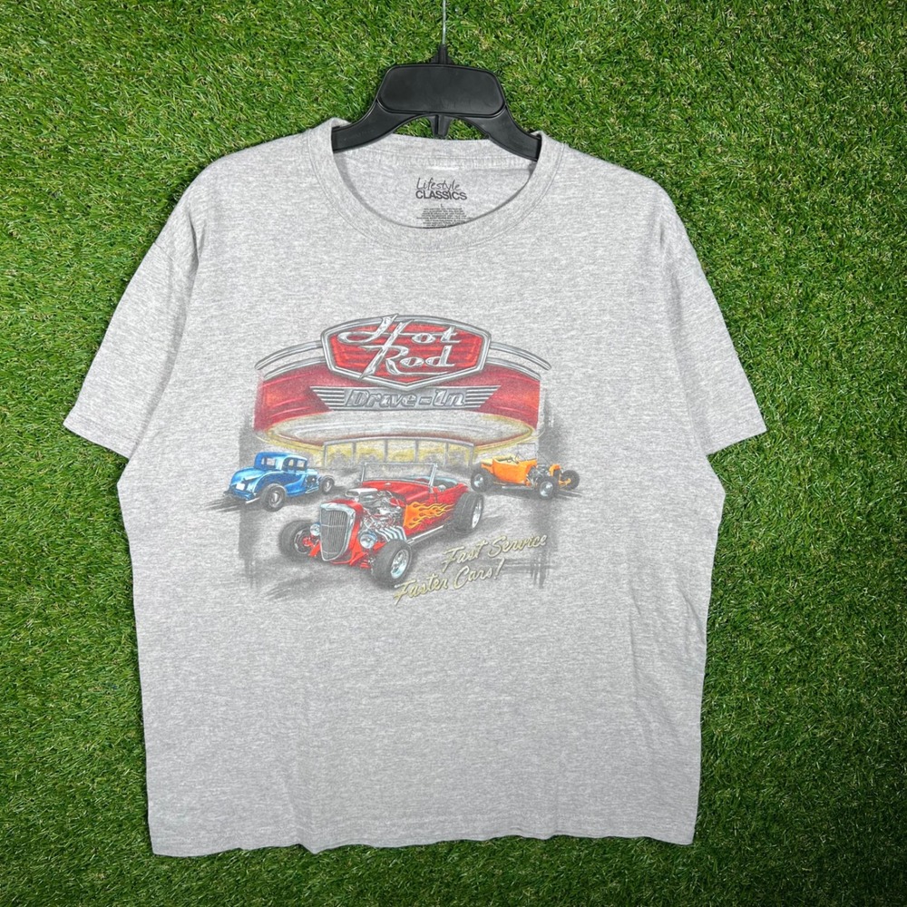 Lifestyle Classics Hot Rod Drive-In Graphic T-Shirt Mens Large Heather Grey